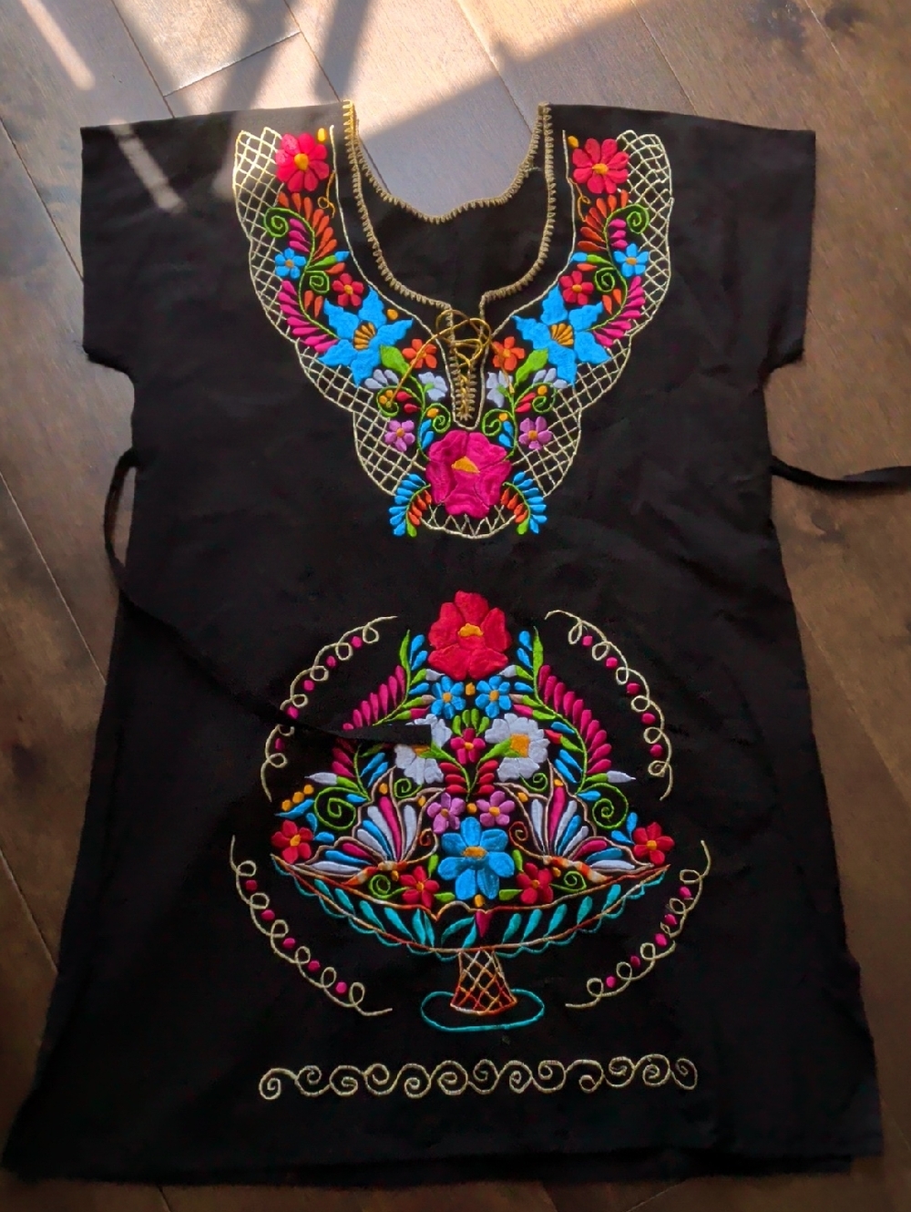 Black Embroidered Floral Tunic Dress
